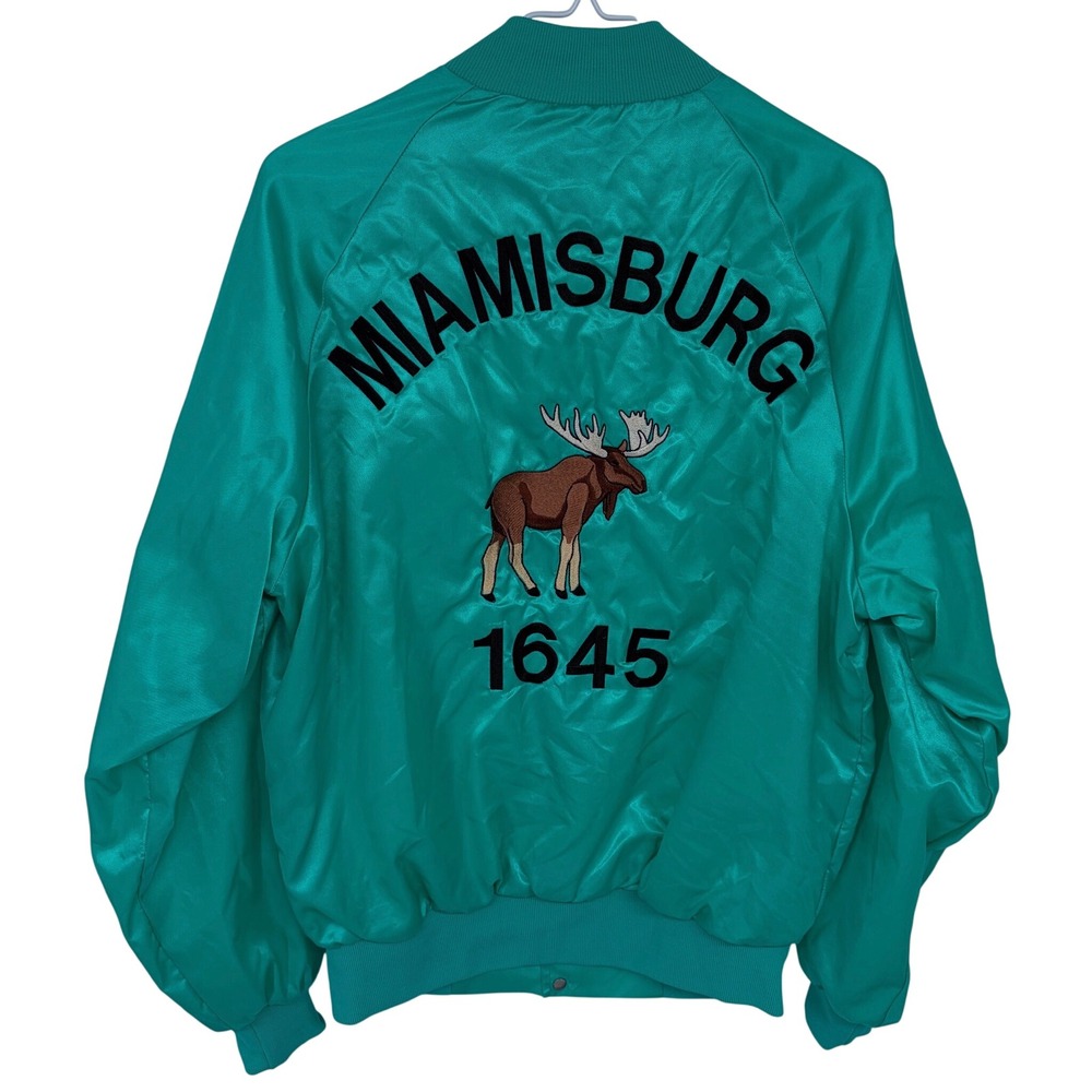 Vintage Green Miamisburg Moose 1965 Embroidered Satin Varsity Jacket Medium 80s